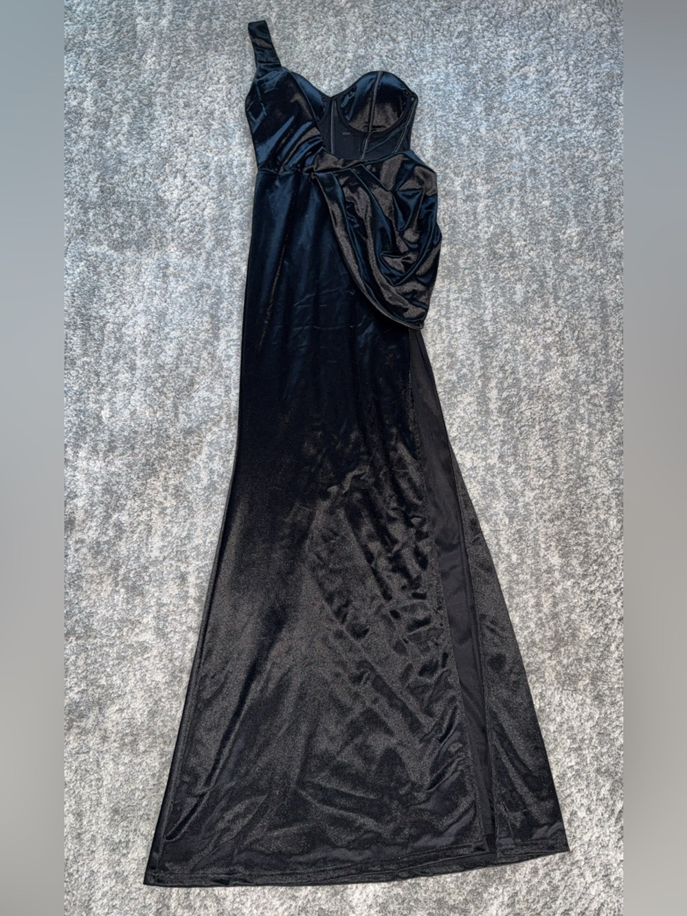 Windsor Black Satin Bustier Mesh-Panel Prom Gown with Thigh Slit - Picture 3 of 9